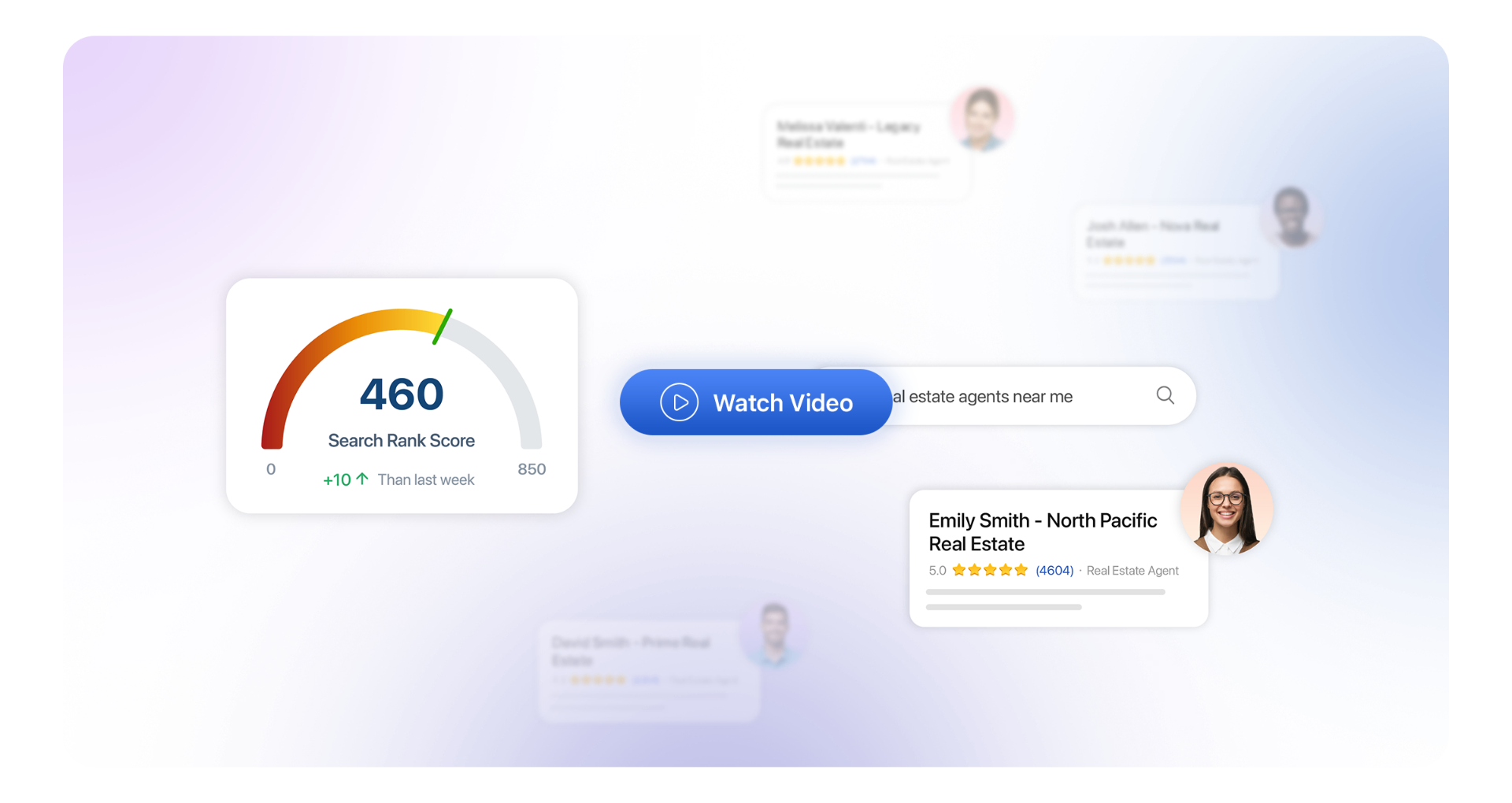 Search Rank Platform dashboard showing Search Rank Score of 460 out of 850 with real estate agent Emily Smith ranked in local search results.